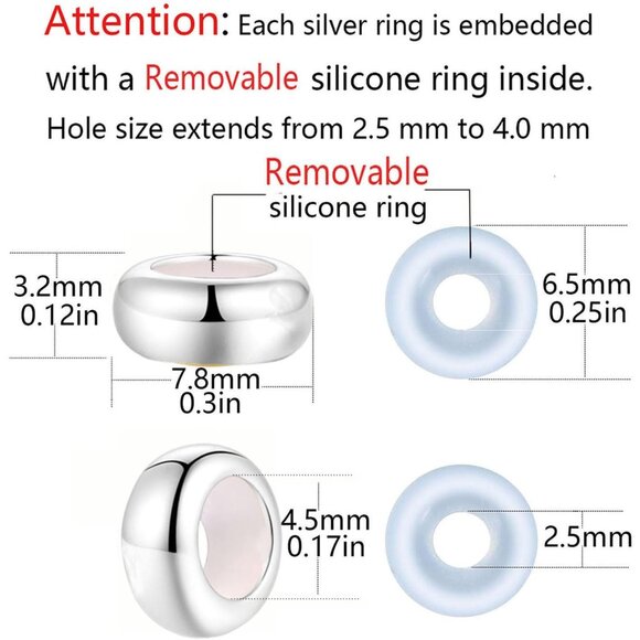 Sterling Silver Charms Beads for Bracelets - Zircon Accent - 4pcs - Picture 2 of 6